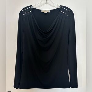 Michael Kors‎ Black Studded Shoulder Top Plunged Neck Long Sleeve Sz Small Used